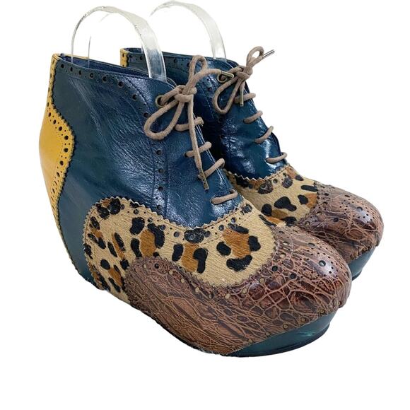 Irregular Choice Teal/Tan Leather Wedge Lace Up Booties Leopard Print Accent 40 - Picture 1 of 9